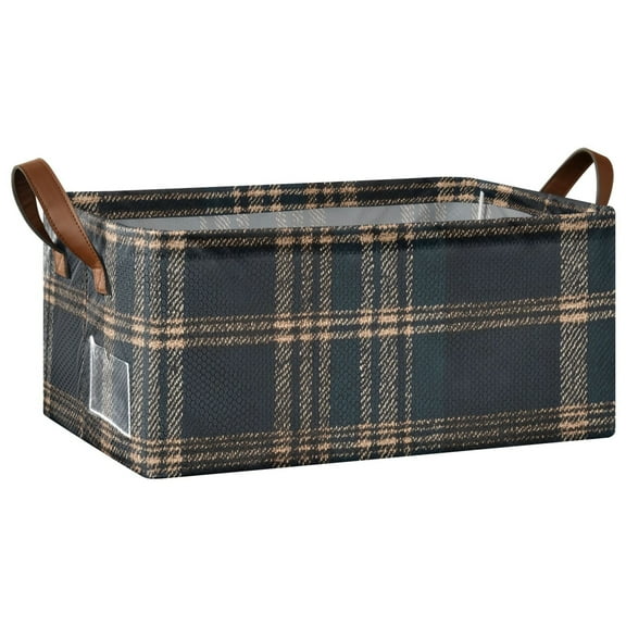 Collapsible Storage Bins Fabric Shelf Baskets with Handles Closet Organizer Dark Green Brown Tartan 16.9x11.4x7.7