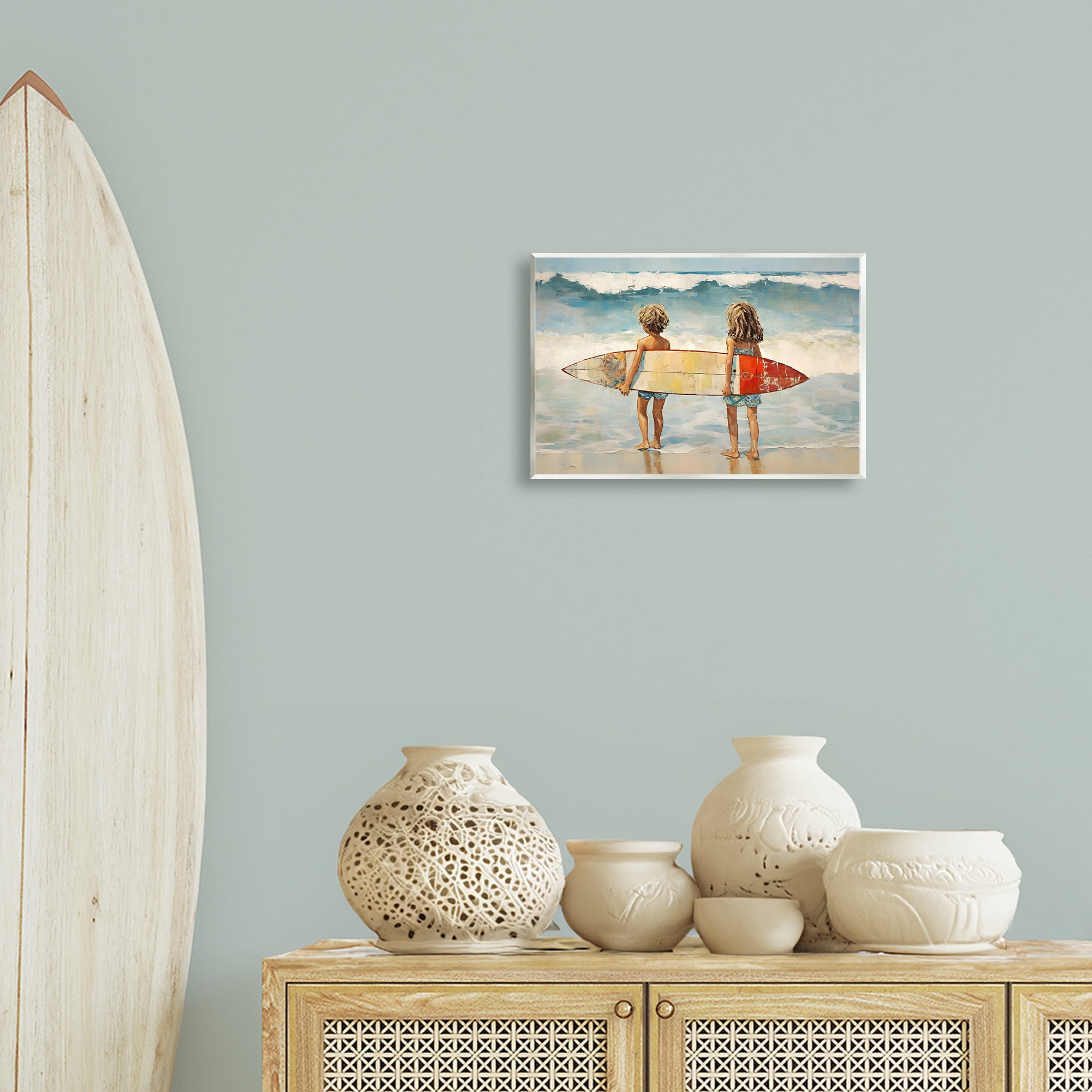 Stupell Industries Kids with Surf Waves People Painting Unframed Art Print Wall Art, 15 x 10