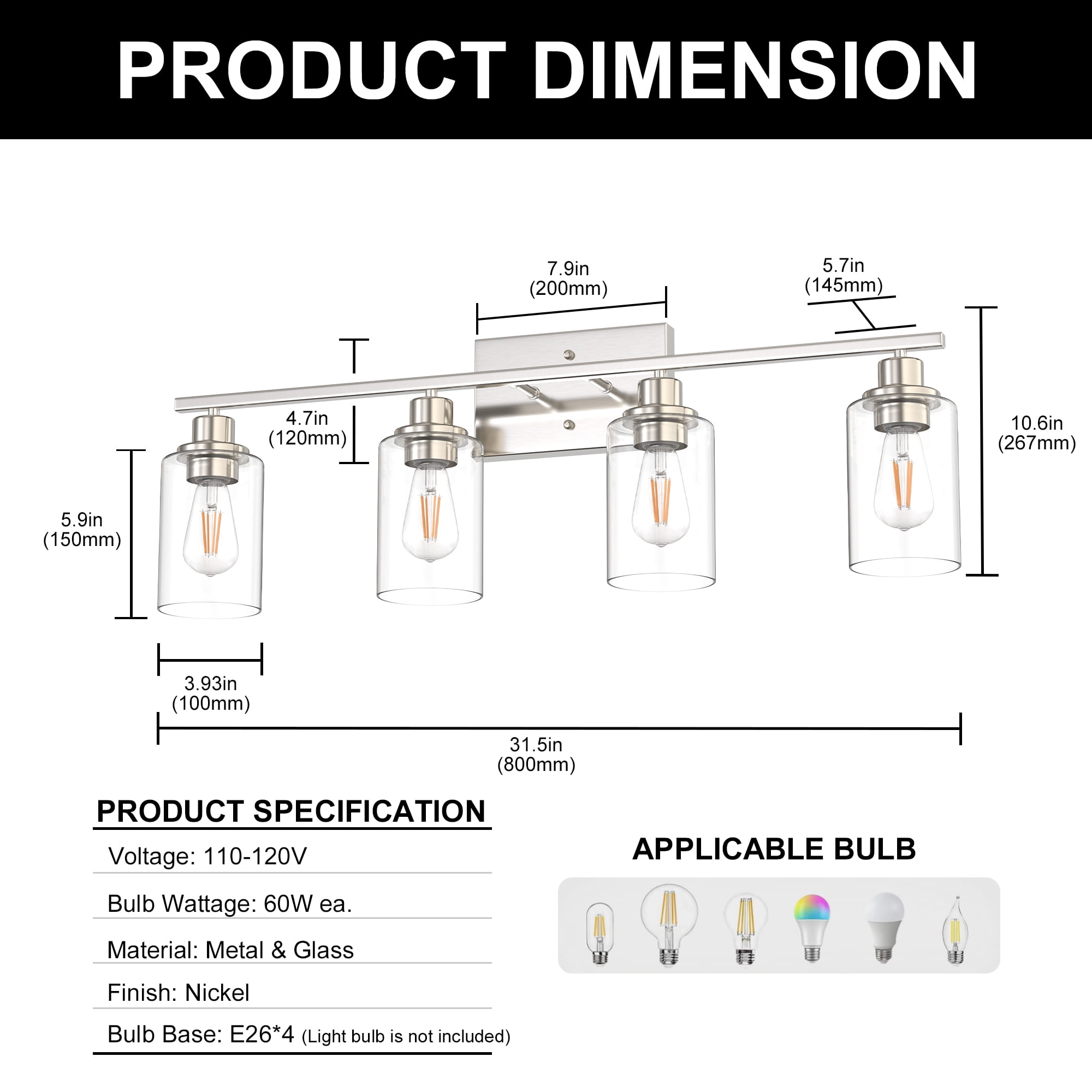 YANSUN 31.5 in 4-Light Brushed Nickel Industrial Bathroom Vanity Light with Clear Glass Shades, for Bedroom, Bathroom, Powder Room, Vanity Table
