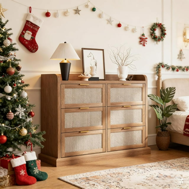 6 Drawer Chest with Rattan Design, Boho Style Dresser with Golden Handles, Brown Wood Storage Organizer for Bedroom, Living Room, or as a Side Table