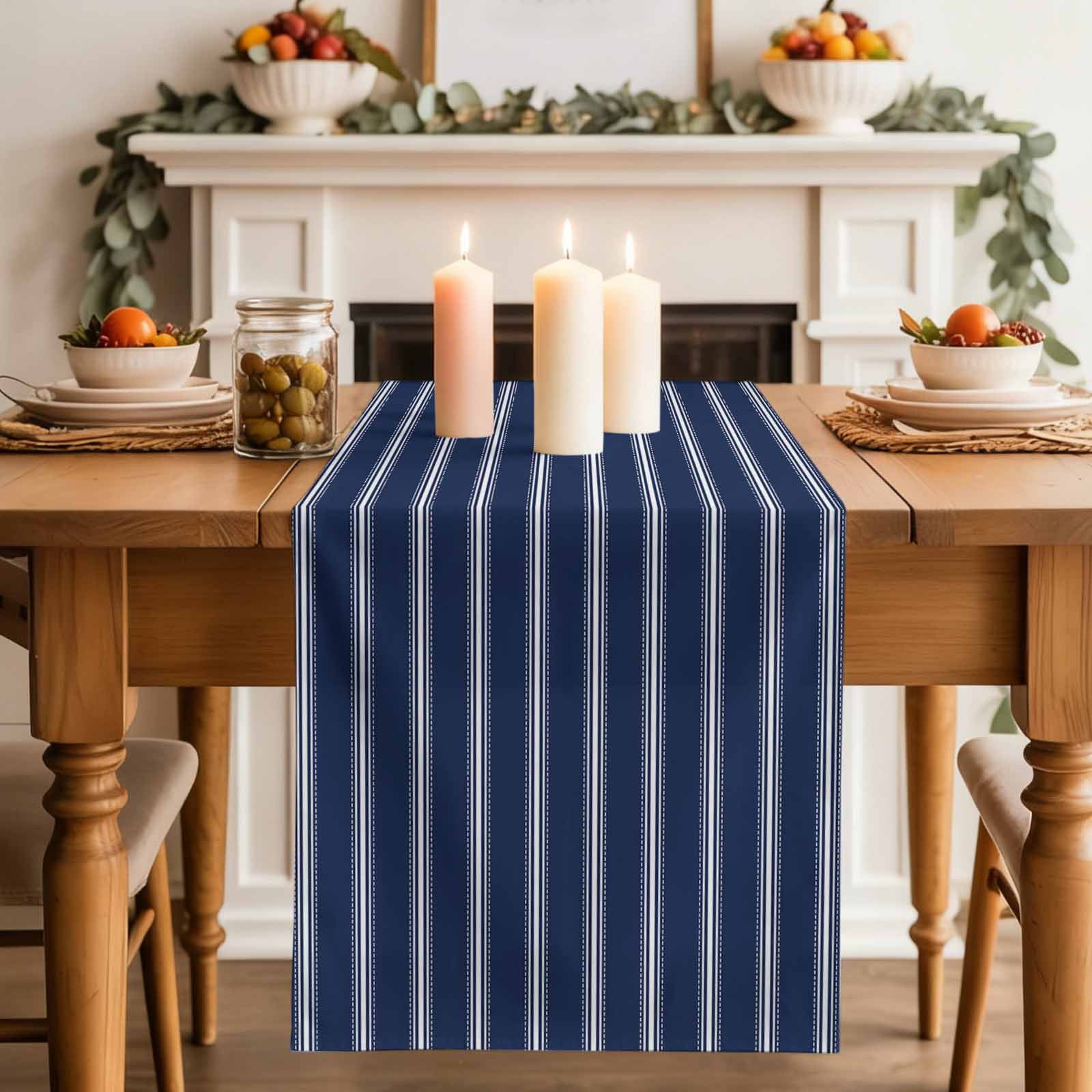Navy Blue Striped Table Runner, Navy Blue White Farmhouse Stripes Washable Cotton Linen Table Runners 60 Inches Long, Dresser Scarf Runner for Coffee/TV Stands/Kitchen/Cabinets 13''x60''
