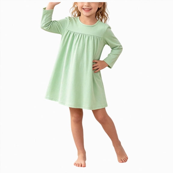 JUMEYU Toddler Girls Long Sleeve Solid Color Leisure Lounge Dress 4T 5T (Green,4-5 Years)