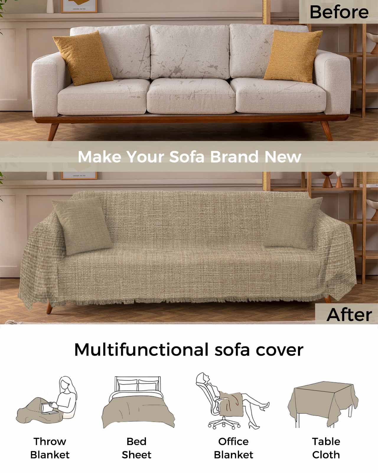 Brown Farmhouse Couch Cover for 2 Cushion Sofa, Vintage Country Monochrome Textured Washable Loveseat Sofa Covers Slipcover for Sectional Sofas L-Shaped, Couch Throw Cover 71"x118"