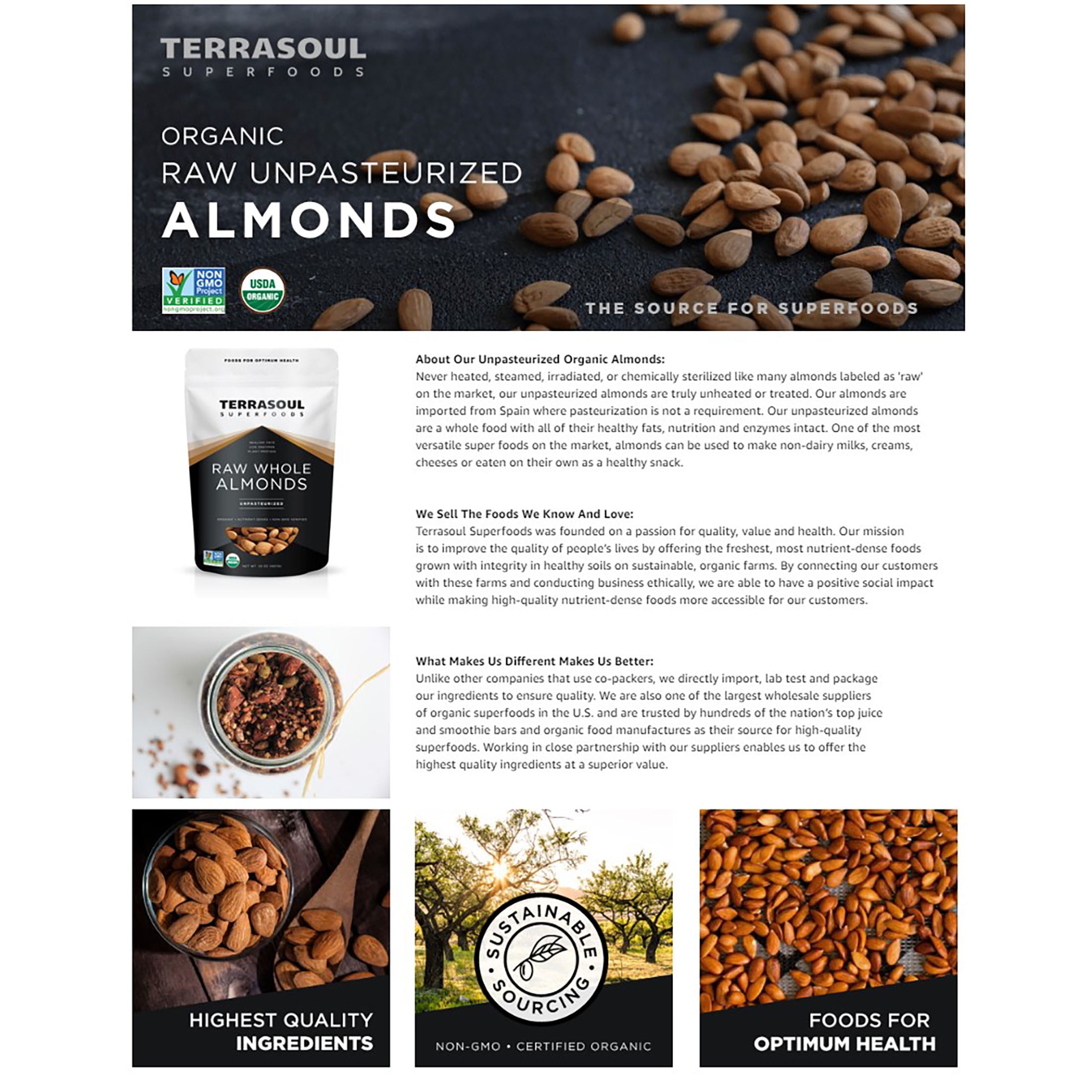 Terrasoul Superfoods Organic Raw Unpasteurized Almonds (Sproutable), 2 lbs