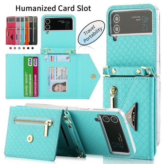 Zipper Card Wallet Leather Case For Samsung Galaxy Z Flip 4 5G With Wrist Crossbody Strap