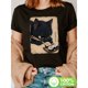 thumbnail image 1 of Camiseta de manga corta con estampado de gato comiendo sushi, cuello redondo casual para primavera y verano, ropa de mujer, 1 of 6