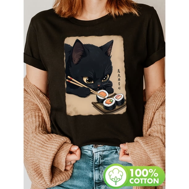 Camiseta de manga corta con estampado de gato comiendo sushi, cuello redondo casual para primavera y verano, ropa de mujer