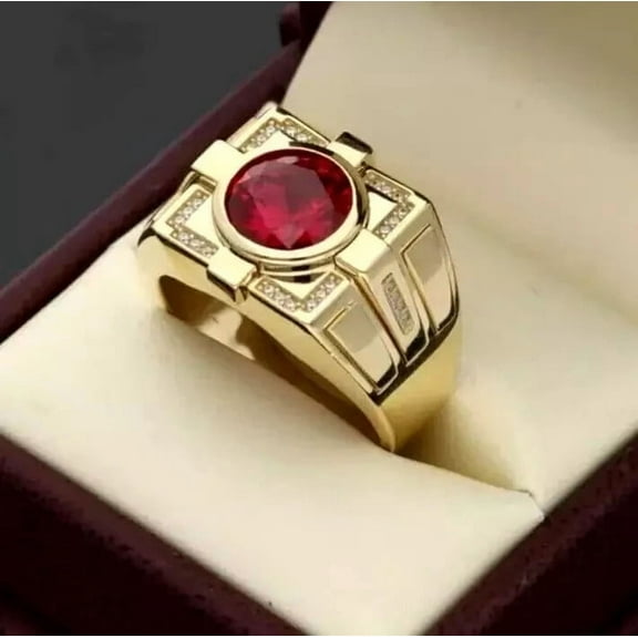 3CT Round Cut Lab Created Garnet Men's Engagement Ring 14K Yellow Gold Finish