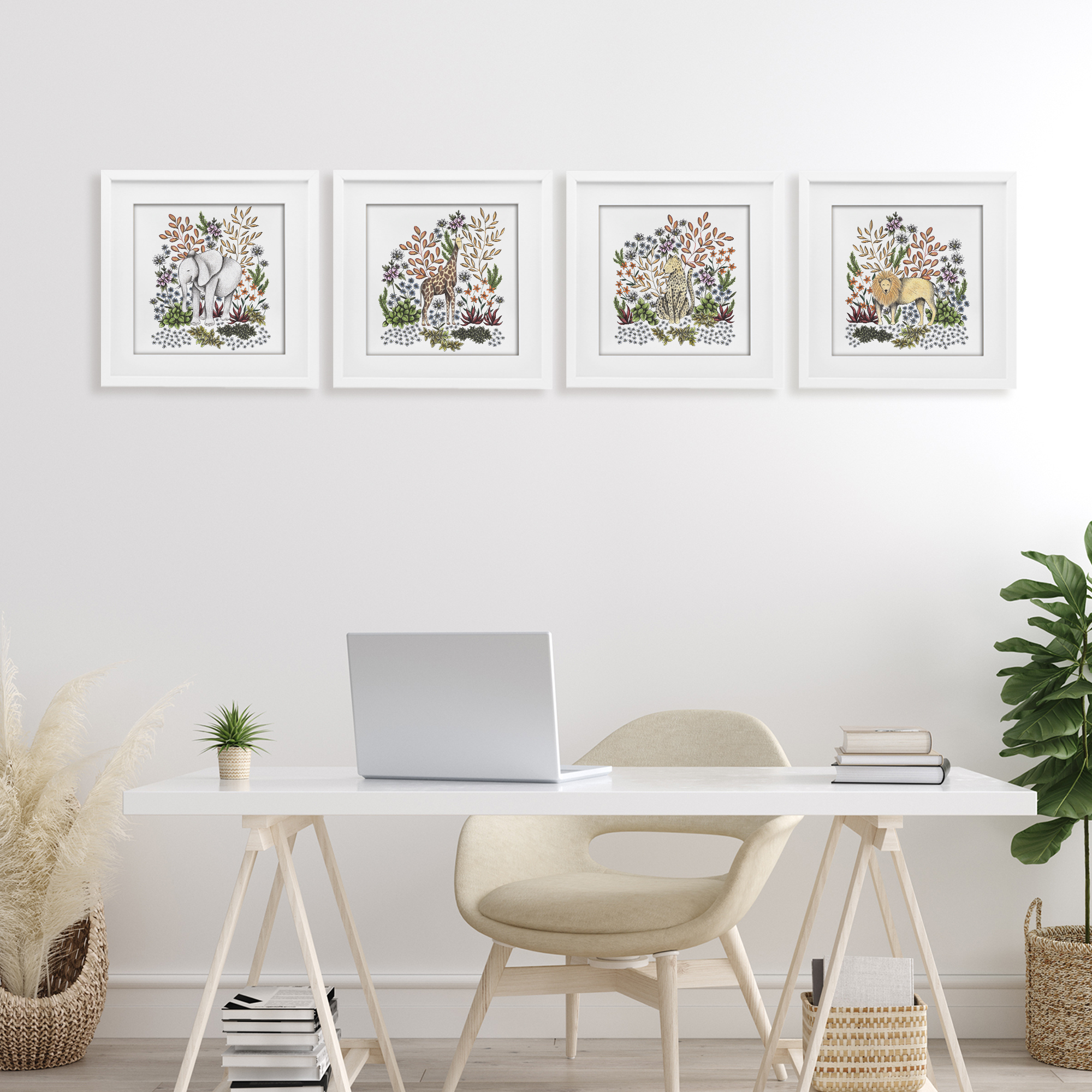 Jungle Wildlife & Botanicals 4 Piece White Framed Print Under Glass Set, design by Cecilia Battaini