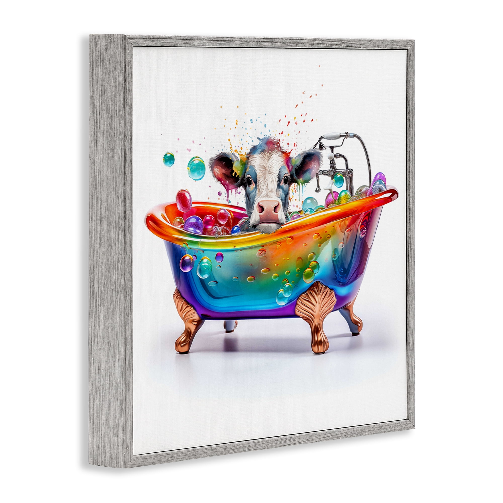 Stupell Industries Cow in Rainbow Bath Typography Painting Gray Framed Art Print Wall Art, 17 x 17