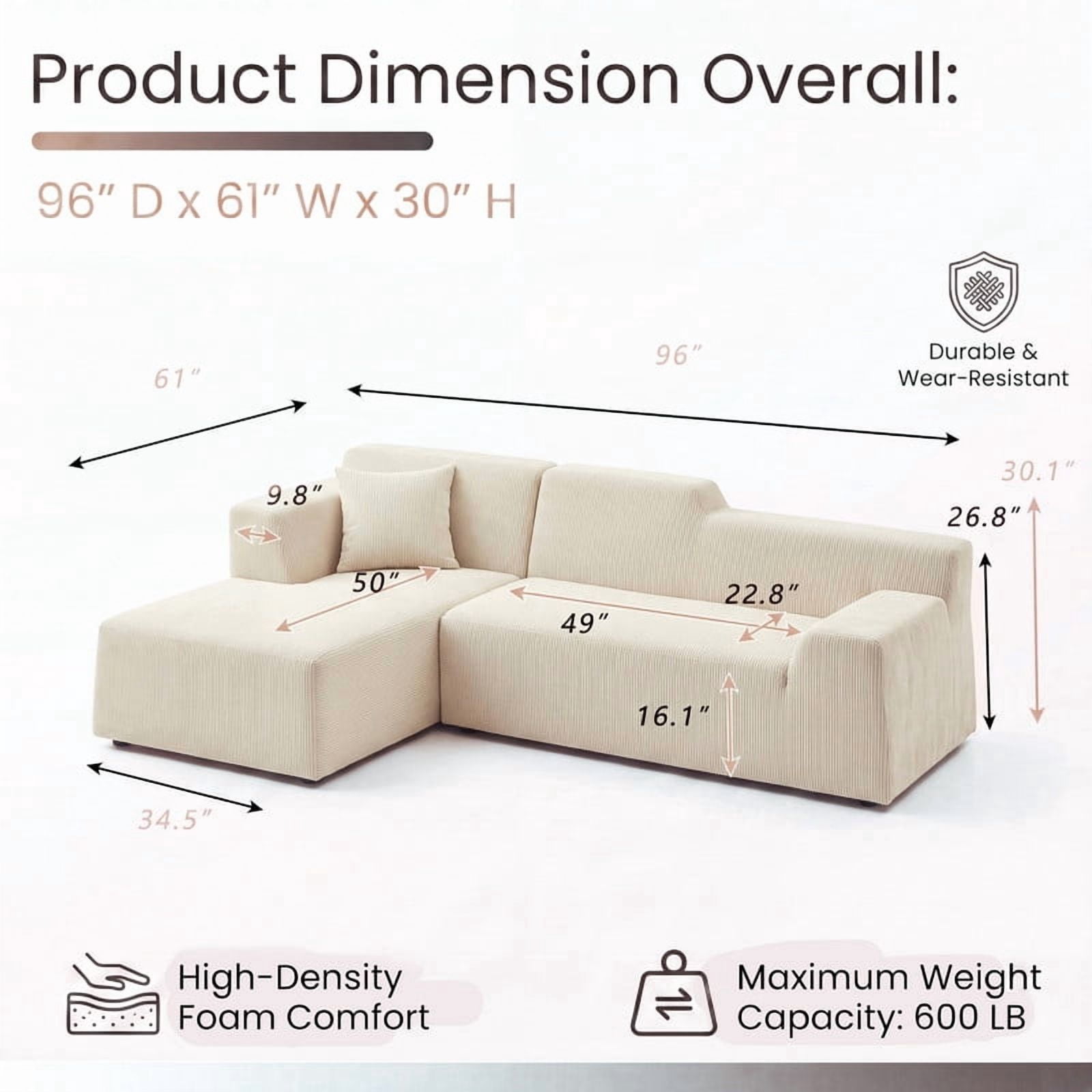 Gewnee 104" Boneless Couch, Cloud Couch Modular Sectional Sofa, L-Shaped Boneless Couches for Living Room, Deep Seat Sleeper Sofa