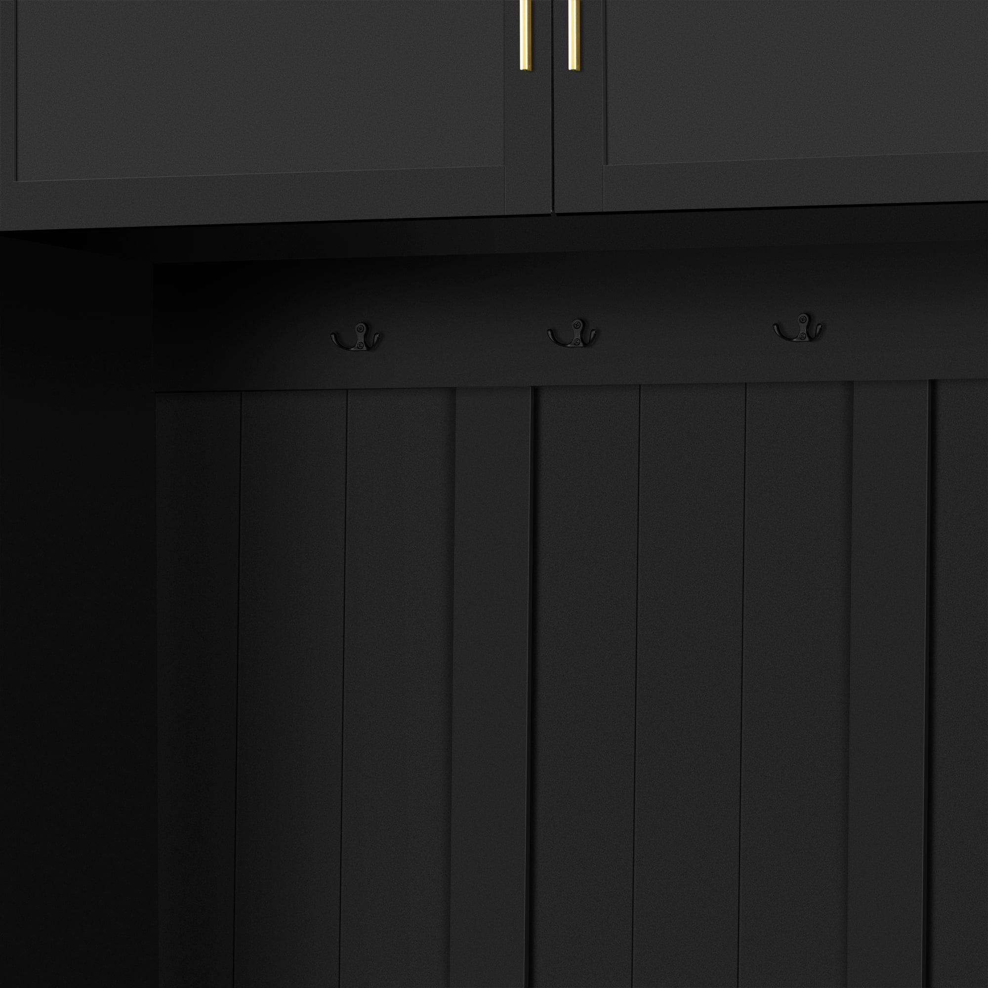 T-Foyer Modern Black 4-in-1 Hall Tree with 4 Hooks, Padded Bench & Cabinets, Wooden Rustic Entryway Organizer with Open Storage & 3 Drawers