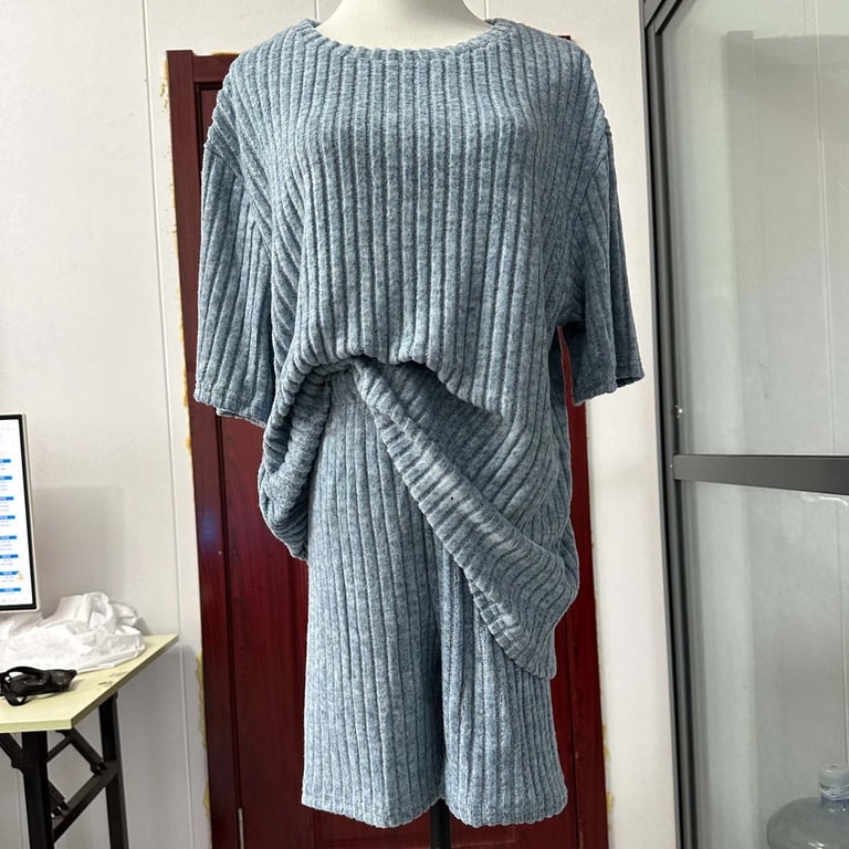 2 Piece Ribbed Knit Lounge Set - T-Shirt & Biker Shorts Pajamas For Women, Cozy Sleepwear & Loungewear Sweatsuit