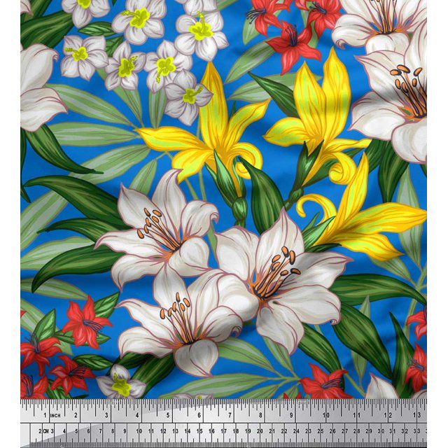 Soimoi Blue polyester Crepe Fabric Leaves & Lily Floral Printed Craft Fabric by the Yard 52 Inch Wide