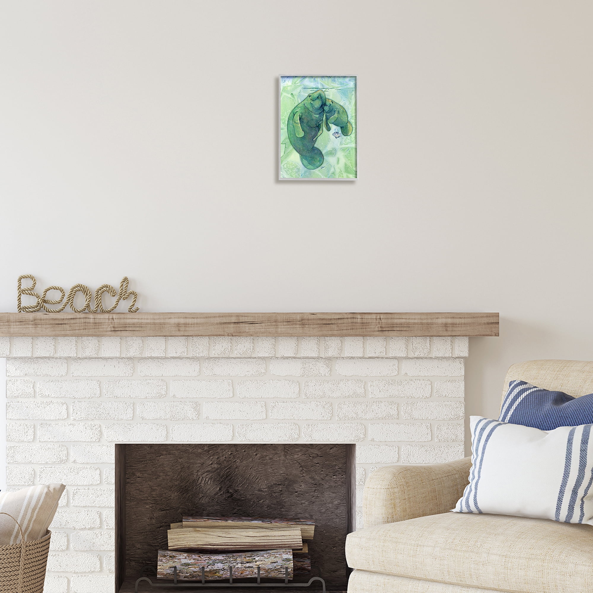 Stupell Industries Green Manatees & Fish Animals & Insects Painting Gray Framed Art Print Wall Art, 11 x 14