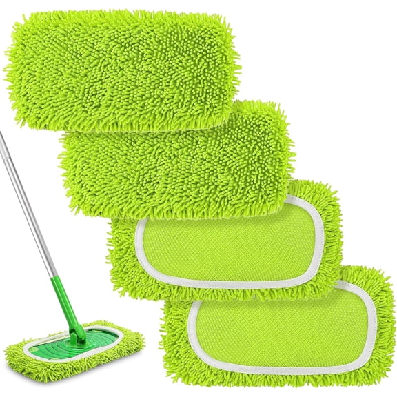 Reusable Microfiber Mop Pads 4 Pack Dry Sweeping Cloths & Wet Mopping Cloths Compatible with Swiiffer Sweeper