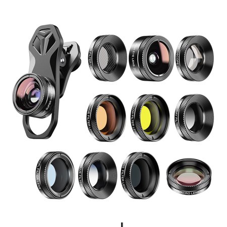 APEXEL APL DG11 Universal Professional HD Phone Camera Lens Kit 11in1 Micro Lens 140° Wide Angle Lens 205° Fisheye Lens Kaleidoscope Lens Grad Color Full Color Filters ND32 CPL Star Filter