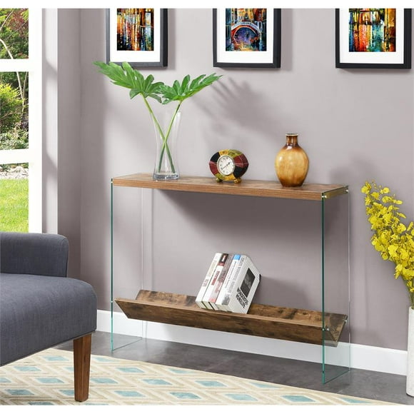 SoHo V Console Table with Shelf in Nutmeg Wood Finish and Clear Glass Panels