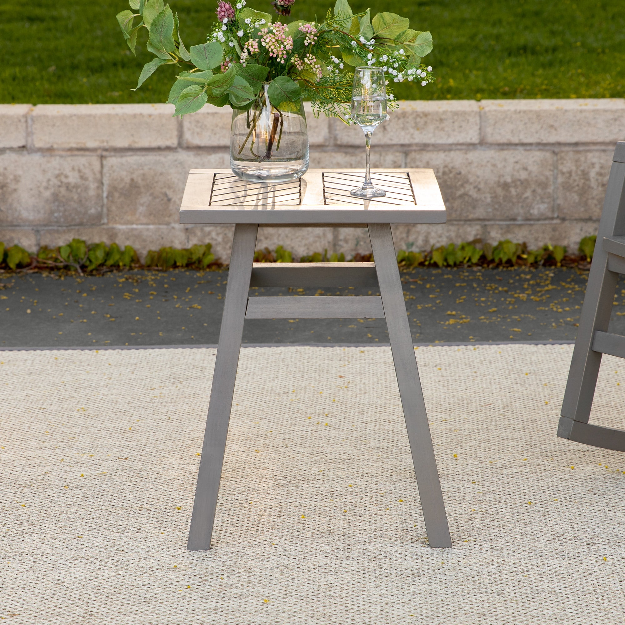 Walker Edison Wood Outdoor Patio End Table with Chevron Design, Grey Wash