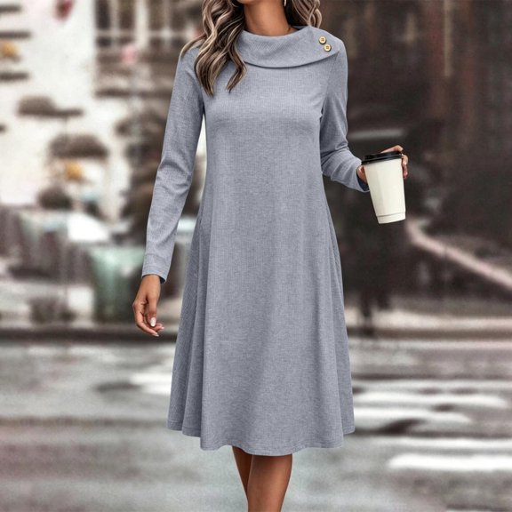 Long Sleeve Fall Winter Dresses for Women V Neck Button Down A Line Swing Casual Knit Sweater Dress Gray XL