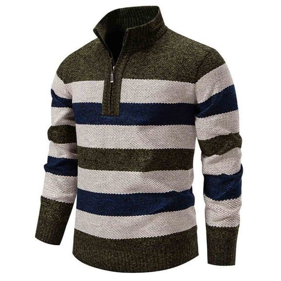 Handshe Men's Solid & Color Block Striped Sweater, Stretch Knit Half-Zip Stand Collar Long Sleeve, Casual Urban Fashion Top for Men,Plus Size