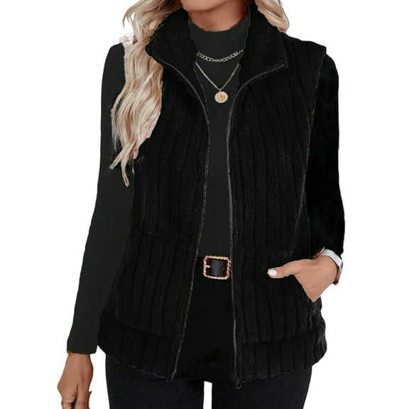Women Quilted Vest Sleeveless Zip Up Jackets Outerwear Fall Spring Trendy Coat Black L