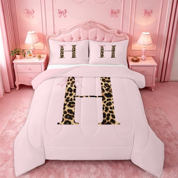 meiyoeat Pink Print Alphabet Full Size Comforter Sets,Cheetah Bow Tie Initial Design Bedding Comforter Set For Girl,Pink Reversible,3-Piece,1 Comforter and 2 Pillowcases
