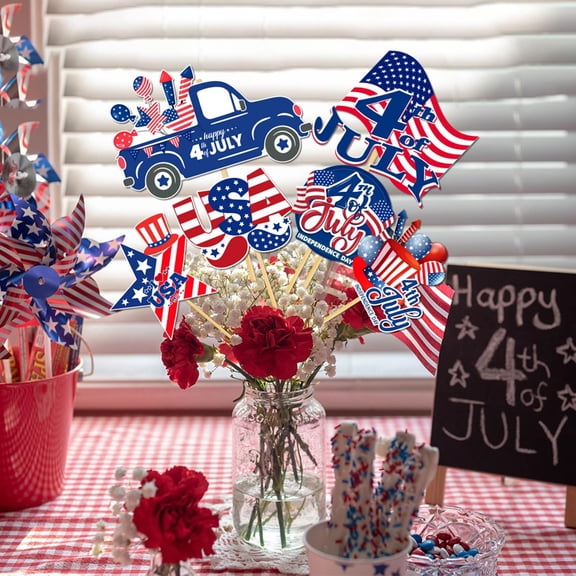 Independence Day Decorations, 4Th of July Decor, Vintage Blue Truck, Paper Toppers, 6 Pc, Wood Sticks, Holiday Party Decor, Usa Patriotic Motifs, Outdoor Parties