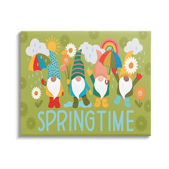 Springtime Rainy Garden Gnomes Holiday Graphic Art Gallery Wrapped Canvas Print Wall Art