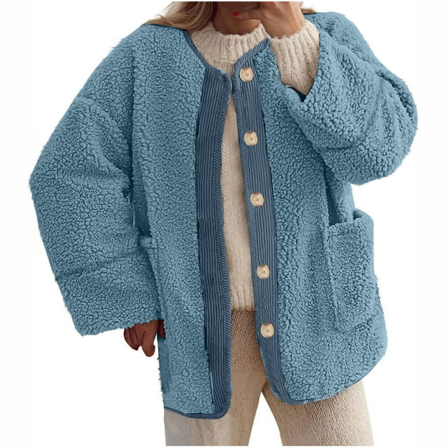 KIHOUT Women's Fall Winter Warm Jacket Casual Solid Color Splice Long Sleeve Button Sherpa Coat with Pockets
