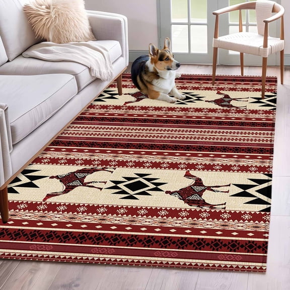 Red Beige Boho Area Rugs 2.7'x5', Washable Small Throw Rugs for Kitchen Bedroom, Vintage Abstract Art Ethnic Tribe Indoor Outdoor Rug Non-Slip Low Pile Carpet Runner Reversible Floor Mats
