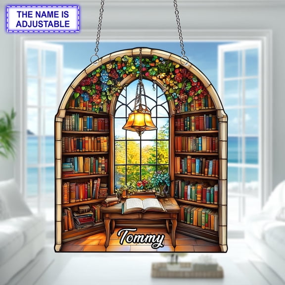 Library Bookshelf Acrylic Suncatcher Librarian Art Window Hanging Home Decor Book Lover Gift