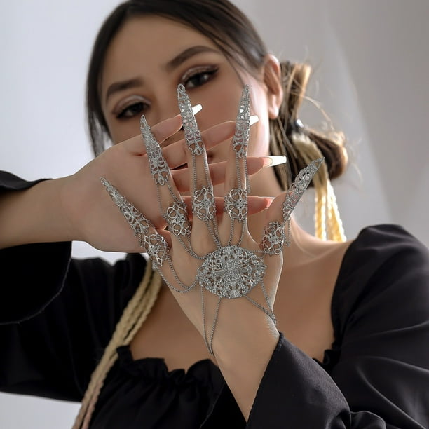 Paquete de 1 pulsera de garra con punta de uñas de reina antigua punk, cadena de mano para danza del vientre, joyería de disfraz para mujer (plata)
