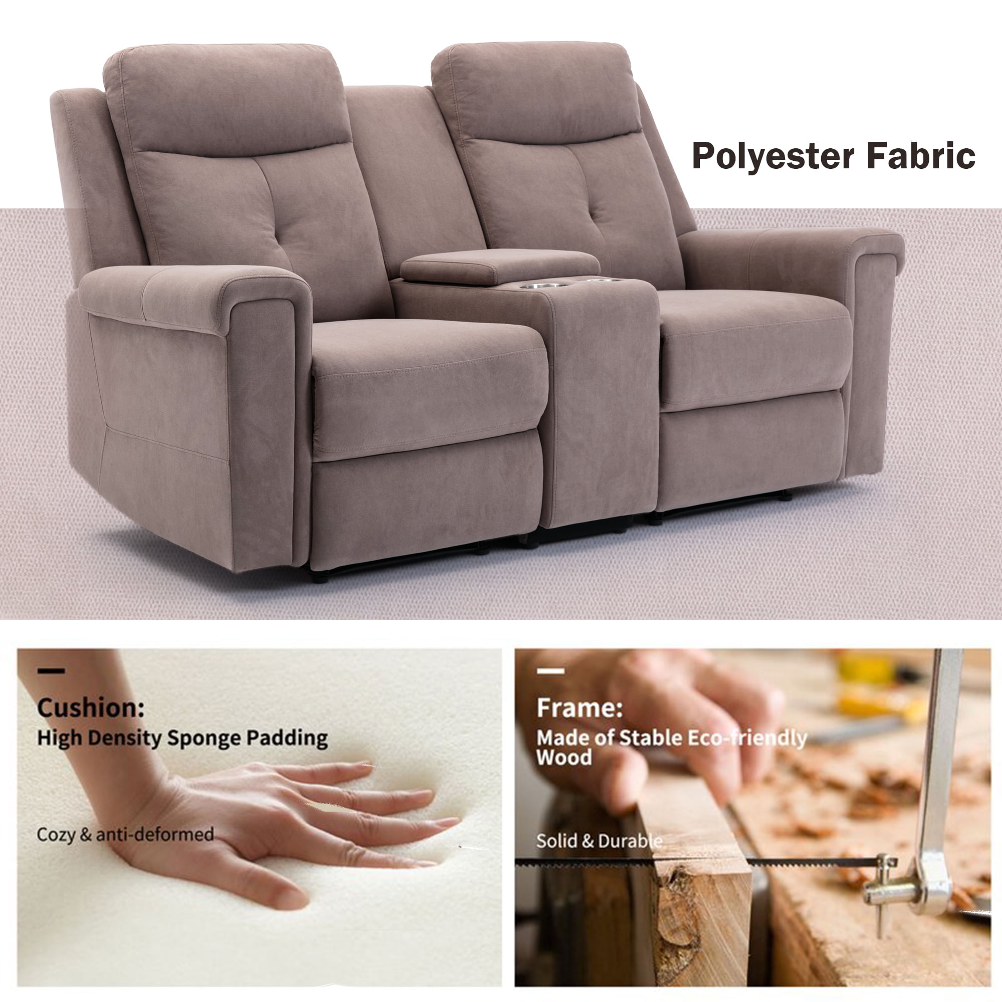 Kepooman Polyester Fabric Manual Motion Loveseat with Storage Box & Two Cup Holders Kepooman Polyester Fabric Manual Motion Loveseat with Storage Box & Two Cup Holders