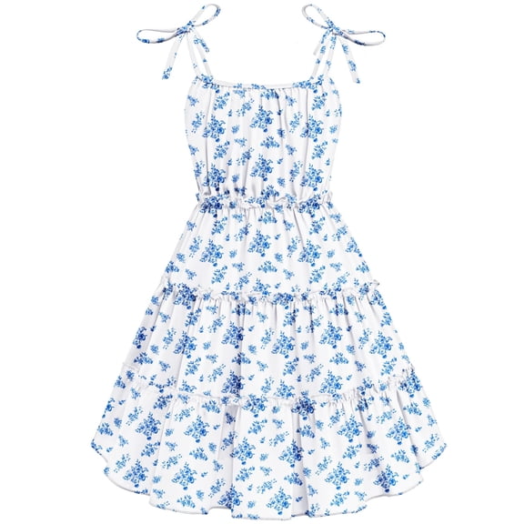 Oudiya Girls Summer Sundress Spaghetti Strap Boho Cami Ruffled Tiered Dresses Casual Midi Party Dress, 5-13Y