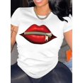 thumbnail image 1 of Red Lips Print T-Shirt, Casual Crew Neck Short Sleeve Top For Spring & Summer, Women's Clothing, 1 of 6