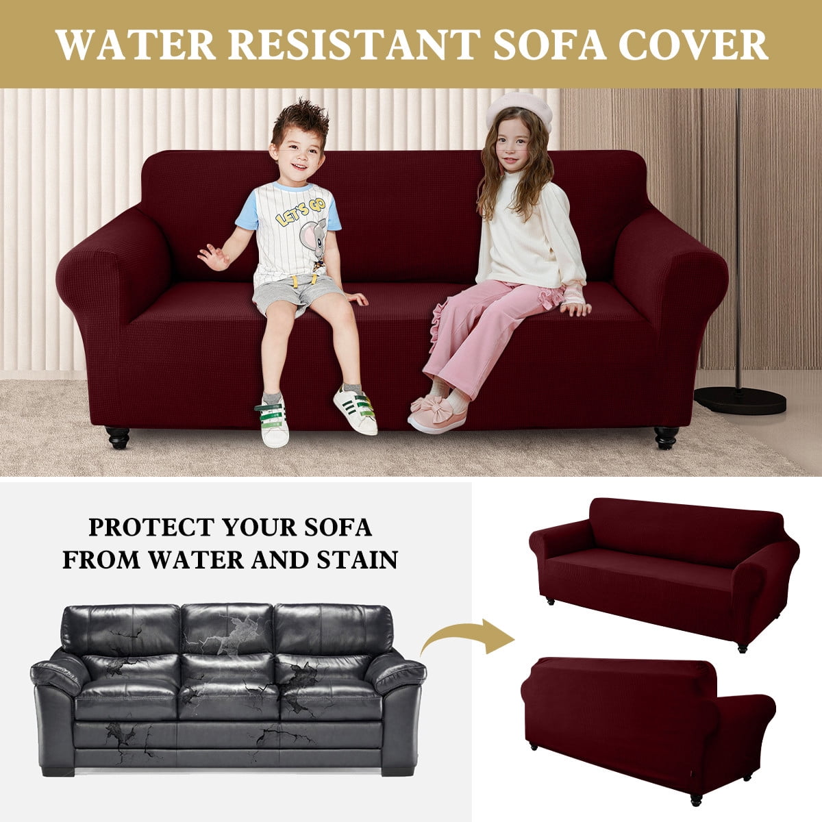 Sanmadrola Couch Cover Water Resistant Stretch Sofa Slipcover Jacquard Furniture Protector for Kids Pets Dog Cat, Wine Red, Oversized Sofa