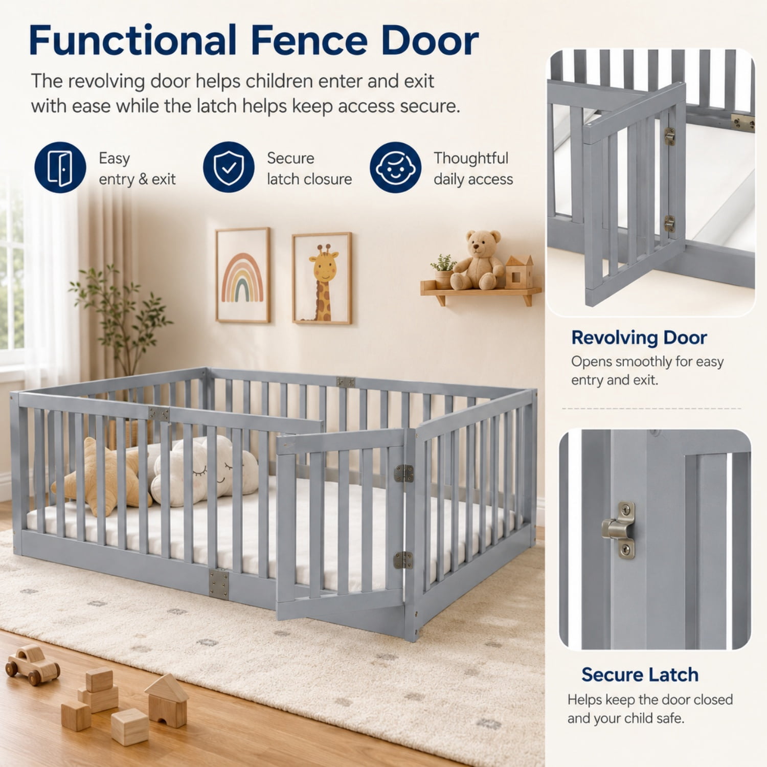 Miniyam Wooden Twin Size Floor Bed for Kids with Door, High Safety Fence, Gray