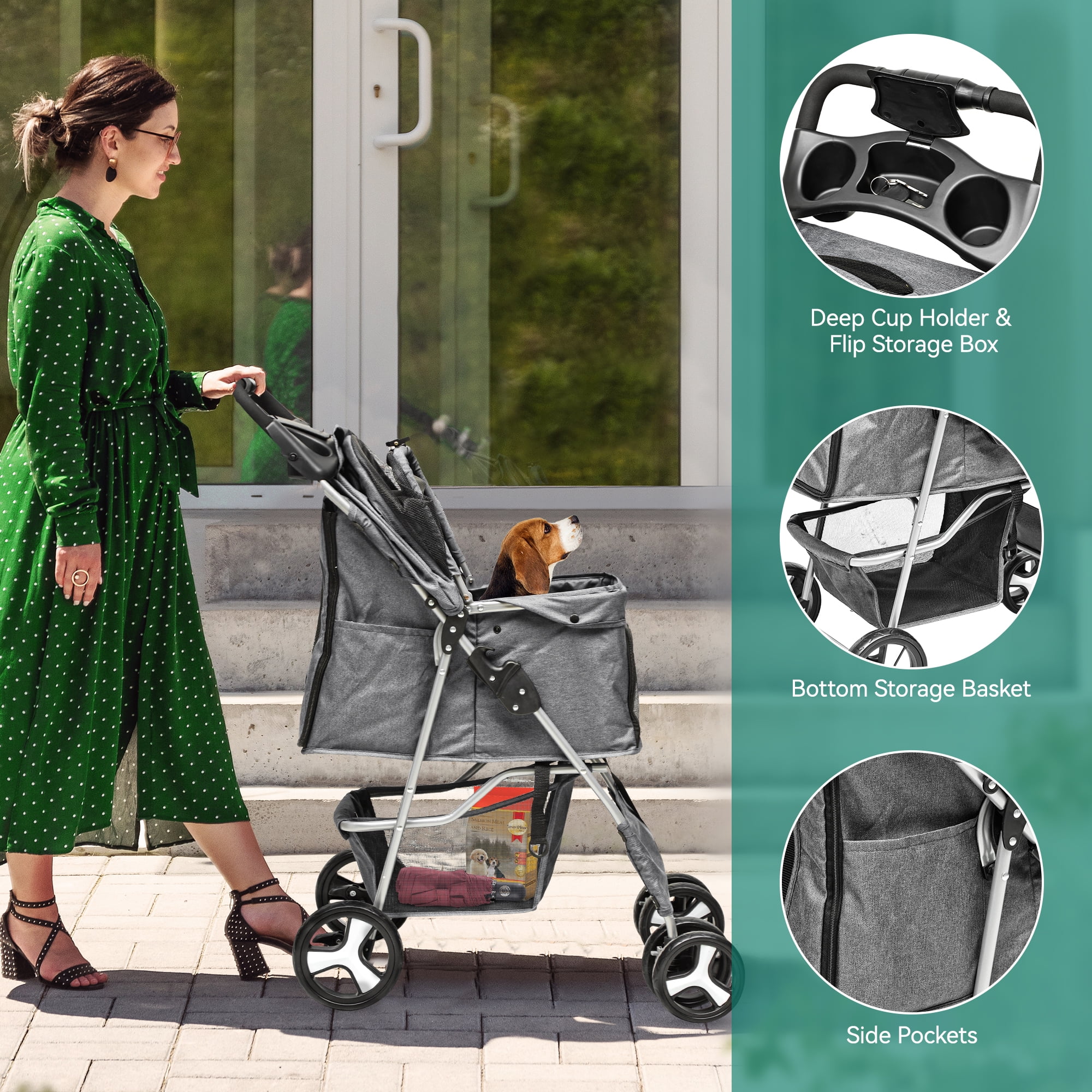 Dextrus Dog Stroller for Medium Small Dogs, Foldable Pet Stroller with 360° Rotation Wheel, Cat Kitty Puppy Stroller with Storage Basket (Gray)