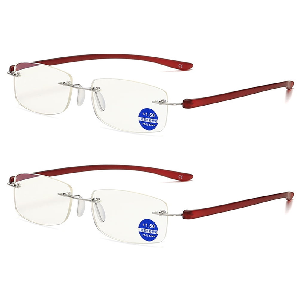 2 Pack Mens Rimless Reading Glasses Blue Light Blocking TR Readers