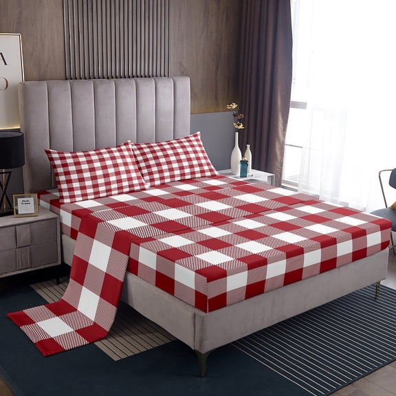 Erosebridal Abstract Grid Sheet Set Twin,Geometric Buffalo Bedding Sets Twin Size,Red White Twin Sheet Sets,Ultra Soft Plaid Bedroom Decorative,3pcs