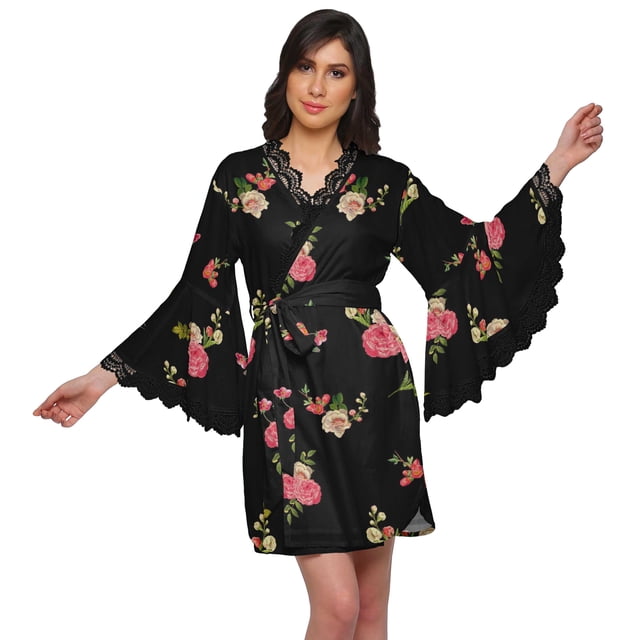Moomaya Robe Courte Imprimée pour Mariée Préparation Manches Cloche Peignoir Femmes Enveloppe