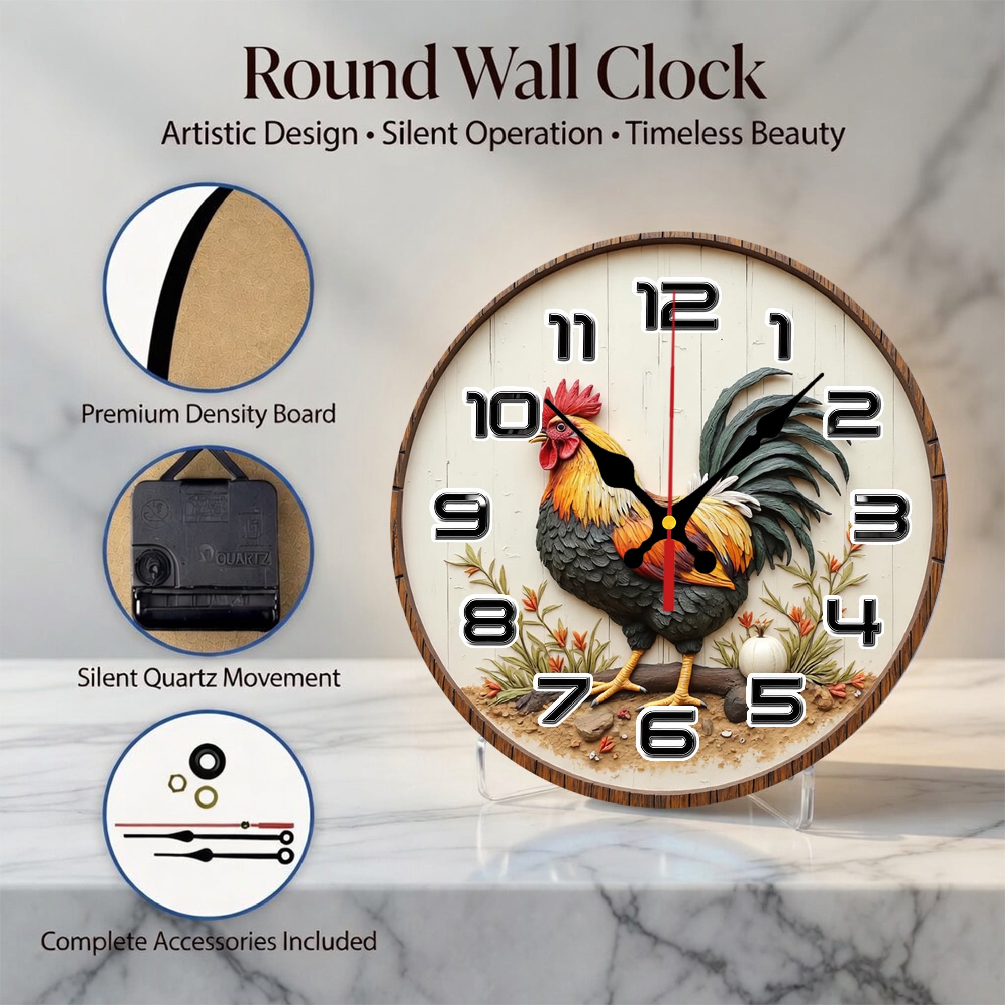 Rooster Farmhouse Wall Clock, Round Wooden Mdf Rustic Chicken Wall Decor Clock For Kitchen Dining Room Home