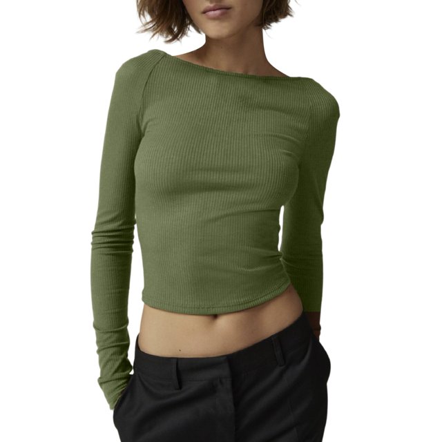 Gibobby Blusas Para Mujeres Camiseta de manga larga para mujer, cuello redondo, ajustada, sexy, básica(Verde, M)