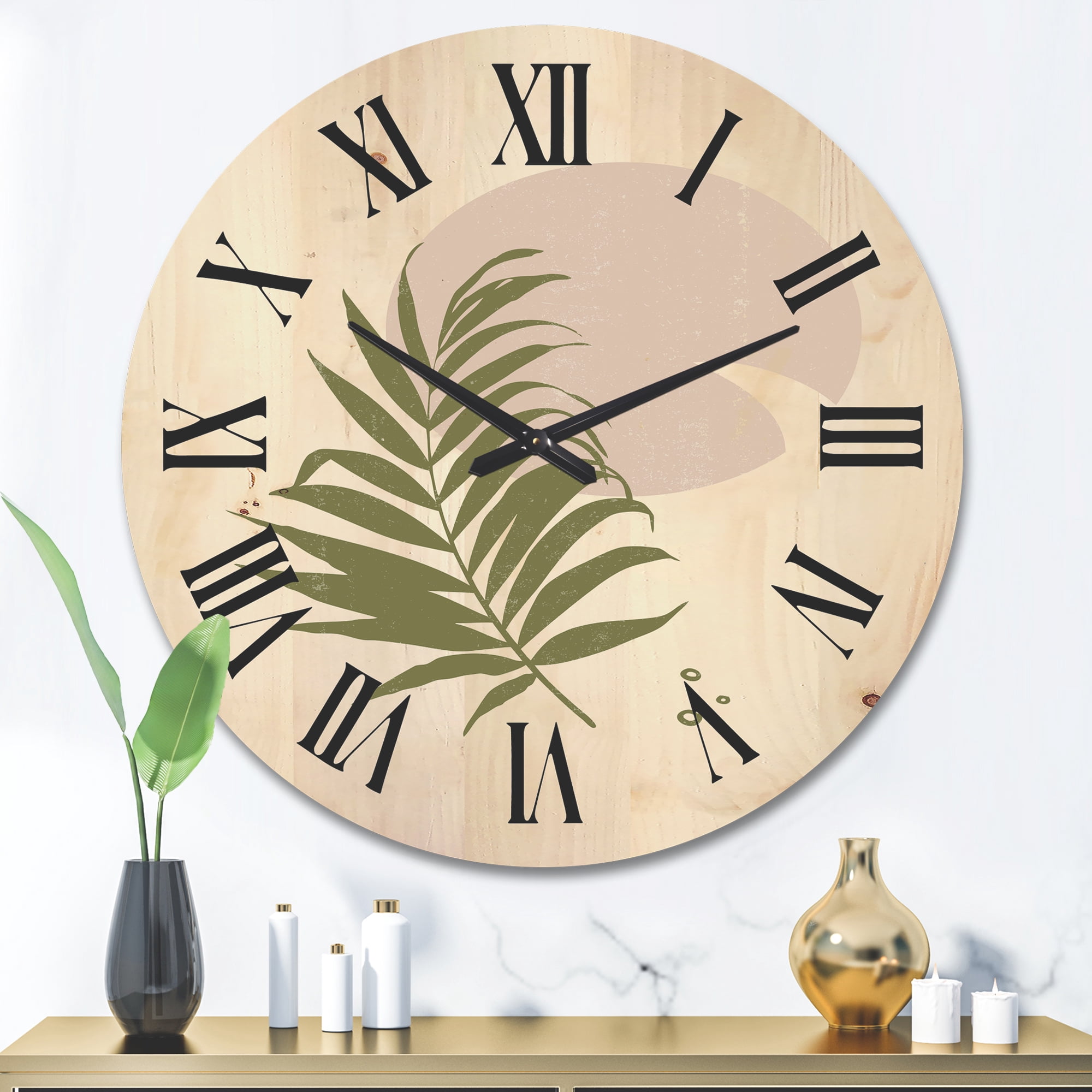 Designart 'Abstract Moon and Sun With Green Leaf II' Modern Wood Wall Clock