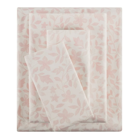 Mainstays 4-Piece 300 Thread Count Pink Floral Cotton Blend Percale Bed Sheet Set, Full