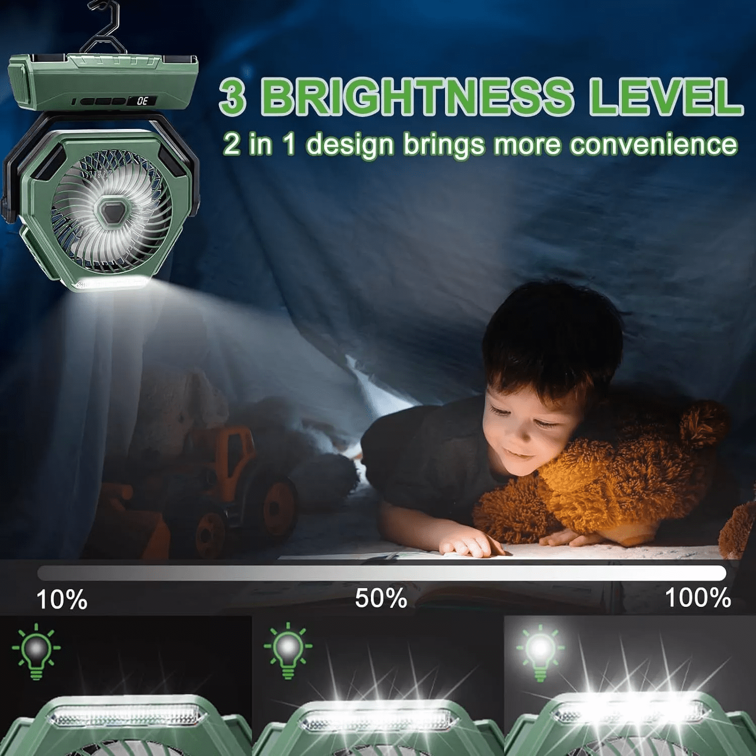 Fiuion 10400mAh Camping Fan with LED Lantern 3 Speed Rechargeable Tent Fan 270° Rotation Green