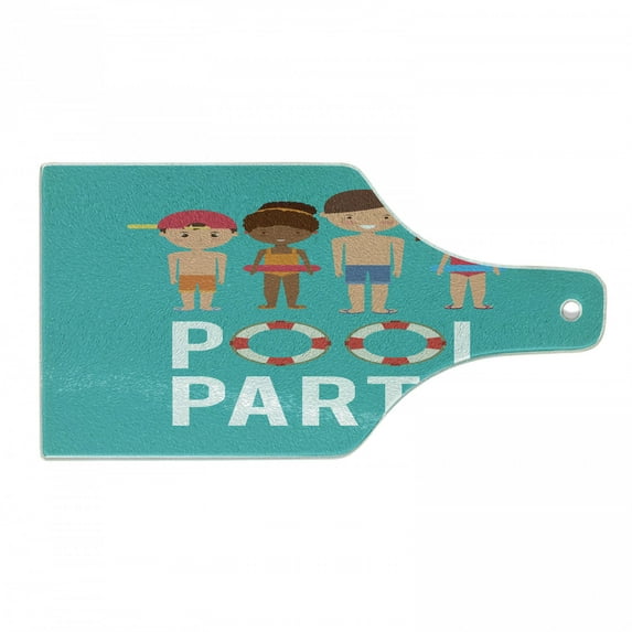 Pool Party Cutting Board, Happy Children in Swimsuits Go Swimming Having Fun Cartoon Design, Decorative Tempered Glass Cutting and Serving Board, in 3 Sizes, by Ambesonne