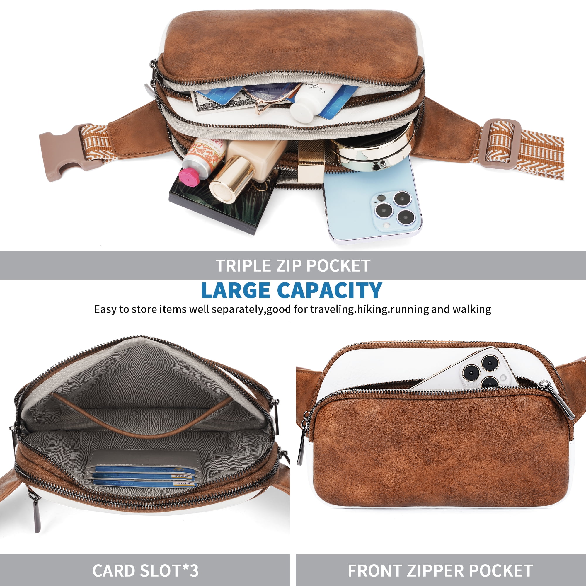 HKCLUF Belt Bag for Women Vegan Leather Mini Belt Bag With Adjustable Strap Unisex Triple Zip Small Cross Body Fanny Pack
