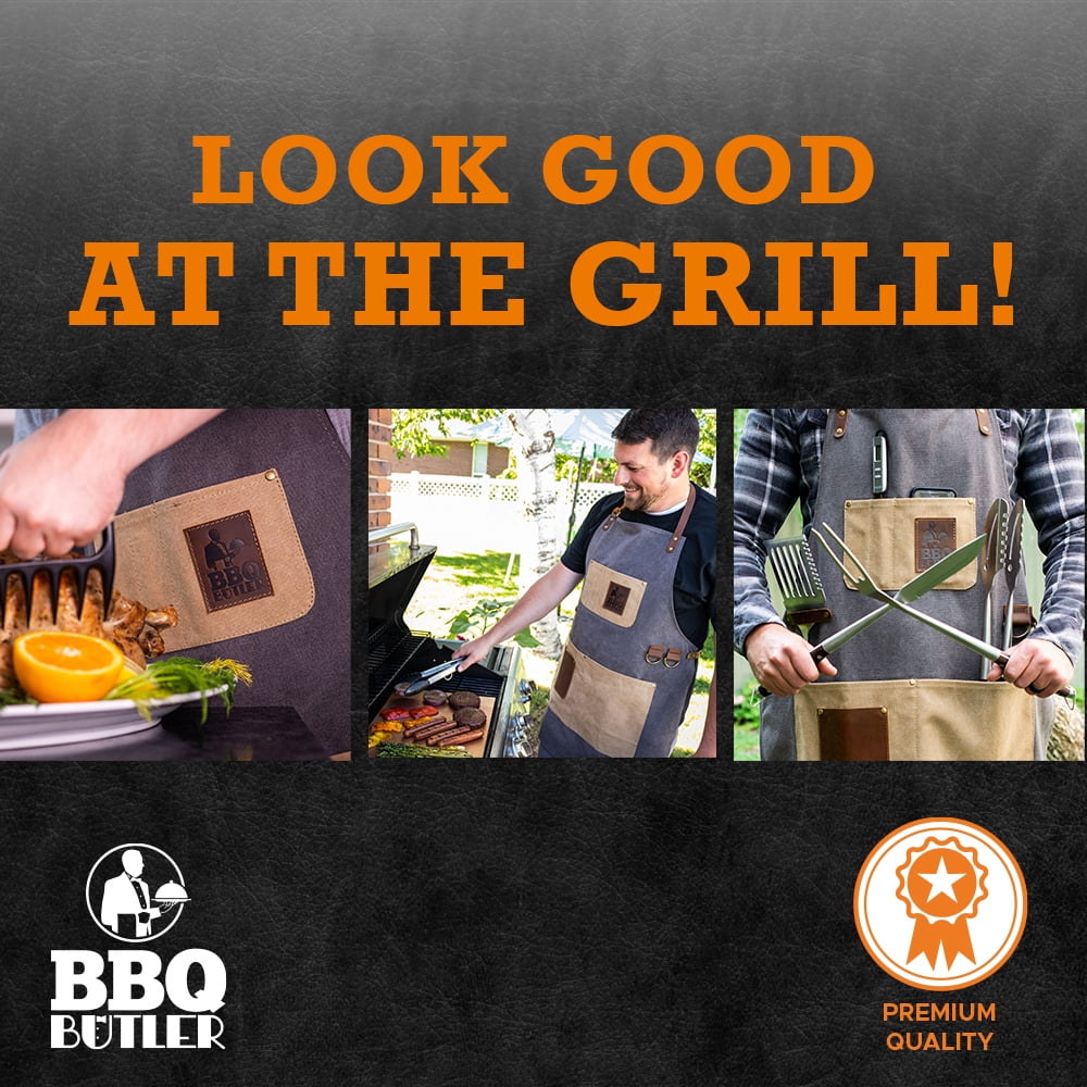 BBQ Butler Grilling Apron - Premium Canvas Apron - Deluxe Leather